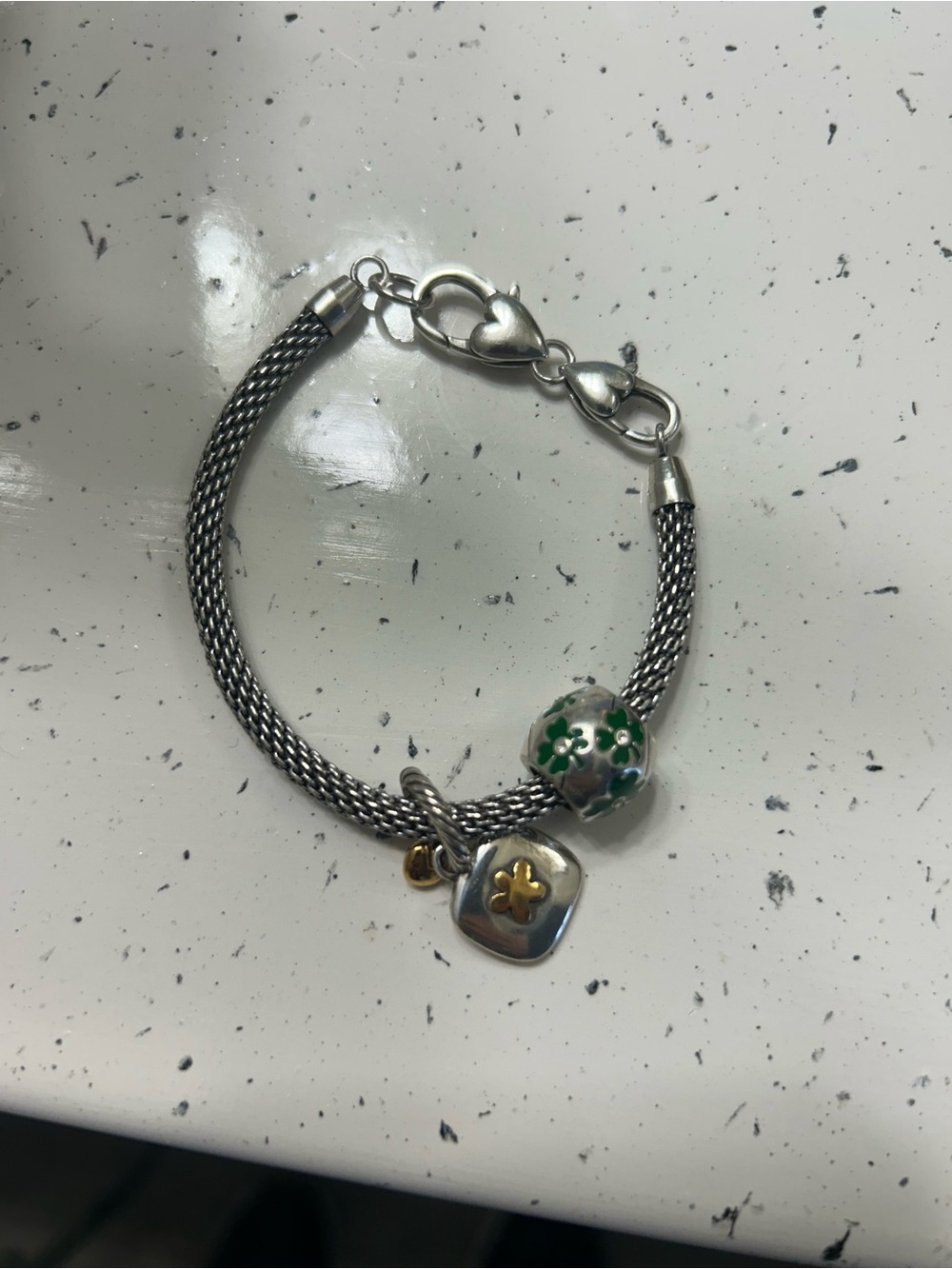 Pandora Sterling Silver 'Sister' Charm Bracelet with Green Floral Bead
